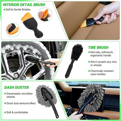 Nilight 37PCS Car Detailing Kit Auto Cleaning Tools Wash Set with Storage Carry Bag Home Use for Interior Exterior Deep Clean Car Care Windshield Dashboard Seat Air Vents Wheels Tires, Green