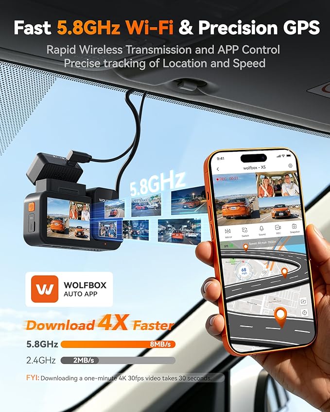 WOLFBOX X5 3 Channel 4K HDR Dash Cam, STARVIS 2 IMX678 8MP Night Vision, 4K+2.5K+1080P Front and Rear Inside Car Camera GPS, Support Voice Control,Touch Screen and 5.8GHz WiFi (Card Not Included)