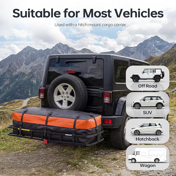 Forluck Waterproof Hitch Mount Cargo Carrier Bag, 20 Cubic Feet Soft Shell Travel Storage Bag (59"x24"x24"), Heavy Duty PVC with 8 Reinforced Straps, Combination Lock & Storage Bag for Truck SUV RV