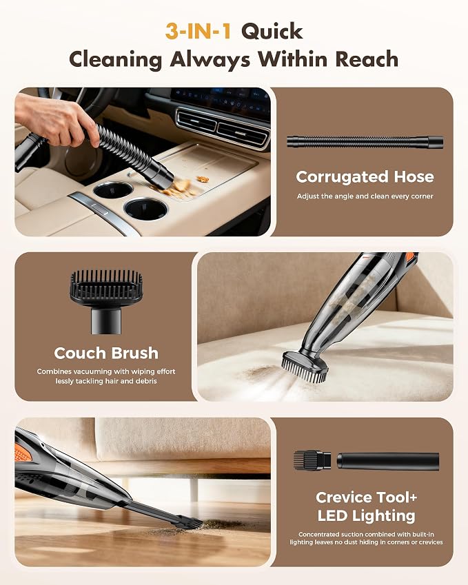 Handheld Vacuum Cordless 25000PA Powerful Suction, Portable Car Vacuum, 3 in 1 Hand Held Vacuum Rechargeable 8000mAh with LED Light, HEPA Filter, Home, Car Seats, Office, Pet Hair, Dust Buster
