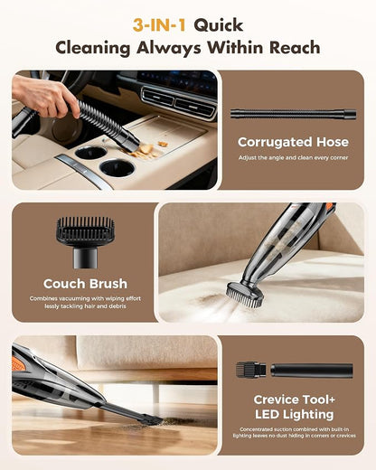 Handheld Vacuum Cordless 25000PA Powerful Suction, Portable Car Vacuum, 3 in 1 Hand Held Vacuum Rechargeable 8000mAh with LED Light, HEPA Filter, Home, Car Seats, Office, Pet Hair, Dust Buster