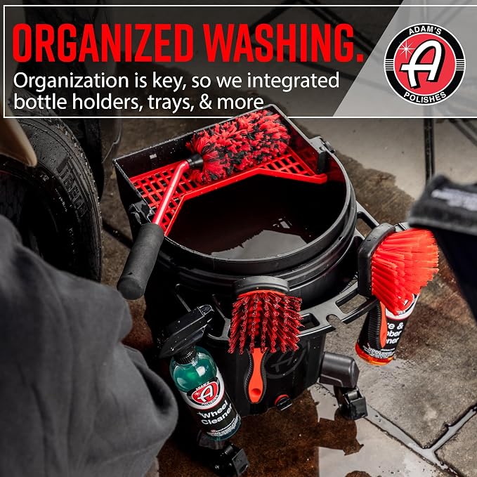 Adam's Complete Premium Detailing Bucket - Car Wash Bucket with Grit Guard, Seat Pad, Organization Rack, Drain Plug, 2 Locking Wheels | Innovative Detail 5 Gallon Bucket Kit System