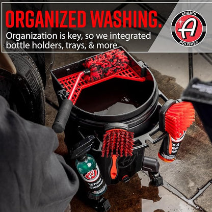 Adam's Complete Premium Detailing Bucket - Car Wash Bucket with Grit Guard, Seat Pad, Organization Rack, Drain Plug, 2 Locking Wheels | Innovative Detail 5 Gallon Bucket Kit System