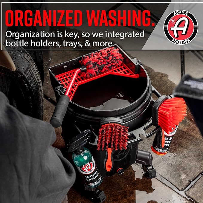 Adam's Double Complete Premium Detailing Bucket - Car Wash Bucket with Grit Guard, Seat Pad, Organization Rack, Drain Plug, 2 Locking Wheels | Innovative Detail 5 Gallon Bucket Kit System