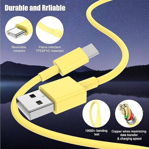 3-Pack Yellow [3.3FT+3.3FT+6FT] USB A to USB C Cable，USB to USB C Car Carplay Cable for iPhone 16 15 Pro Plus Pro Max，for iPad Pro/Air/Mini，for Samsung S24/S23/S22/S21，for MacBook Pro/Air and More