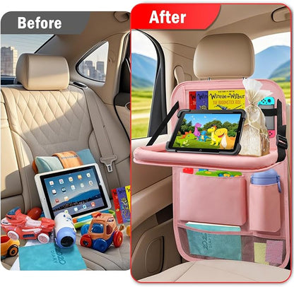 2Pack Car Backseat Organizer with Foldable Table Tray,6 Storage Pockets Car Storage Organizer with Tablet Holder,Car Seat Back Protectors Kick Mats Travel Accessories (Pink)