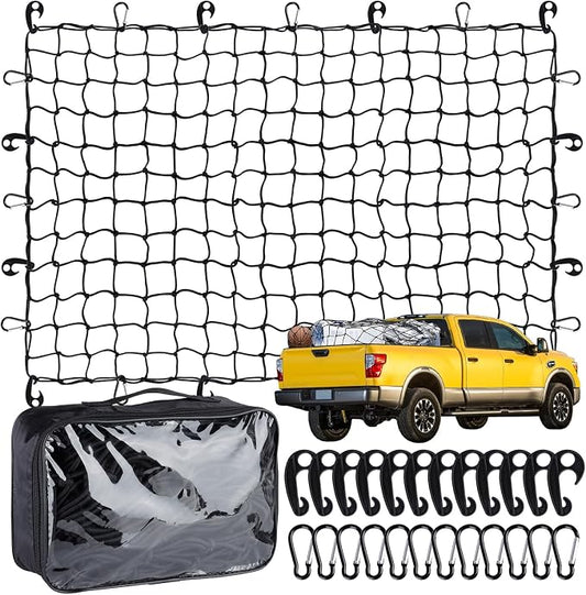 Heavy Duty Cargo Net for Pickup Truck Bed - 4' x 6' Stretches to 10' x 15' - Small 4"x4" Latex Bungee Net Mesh with 24 Clips - Compatible with Ford, Chevy, Dodge Ram, Toyota