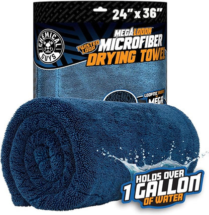 Chemical Guys Megalodon Microfiber Drying Towel with Twisted Loop Technology, Super Plush Absorbent 24" x 36" Microfiber Towel for Cars, Trucks, SUVs, RVs, and More, Extra Large Dark Blue Drying Cloth