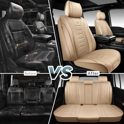 CAR PASS Nappa Leather Seat Covers, Universal FIT Piping Leather Car Seat Cover Full Set for Cars,SUV,Truck 3D Foam Waterproof Luxury Seat Covers 5 Seats, Comfort Durable Airbag Compatible Beige