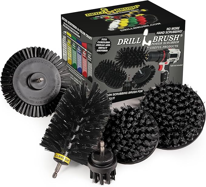 Drill Brush Power Scrubber by Useful Products - 5 Piece Black Drillbrush Ultra Stiff Cleaning Brushes Set - Non Metal Grill Brush Attachment Kit for Cordless Drill - Nylon Grill Grate Cleaner Brushes