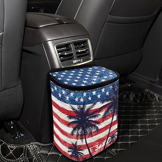 Talayituse American Flag Palm Tree Print Car Trash Can Portable Auto Garbage Bin Multifunctional Vehicle Interior Accessories with Adjustable Straps 4th of July Decor Universal Fit Truck SUV Sedan