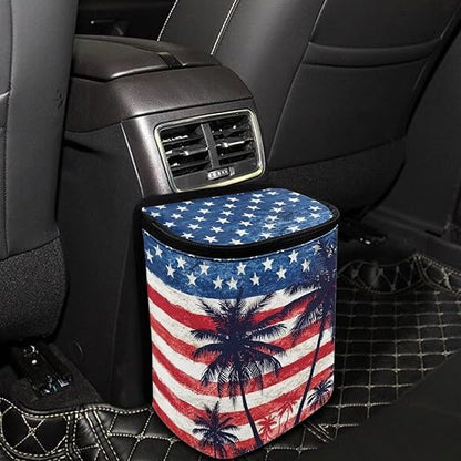 Talayituse American Flag Palm Tree Print Car Trash Can Portable Auto Garbage Bin Multifunctional Vehicle Interior Accessories with Adjustable Straps 4th of July Decor Universal Fit Truck SUV Sedan