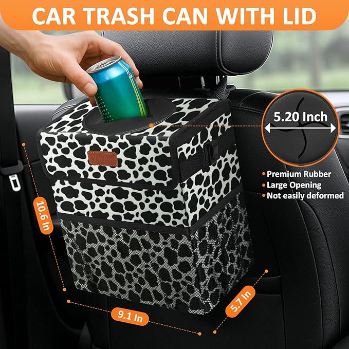 Vankor Car Trash Can for Car Cute,Bag Bin Hanging Waterproof Automotive Garbage Cans Leak Proof Vehicle Trash Can Cow Print