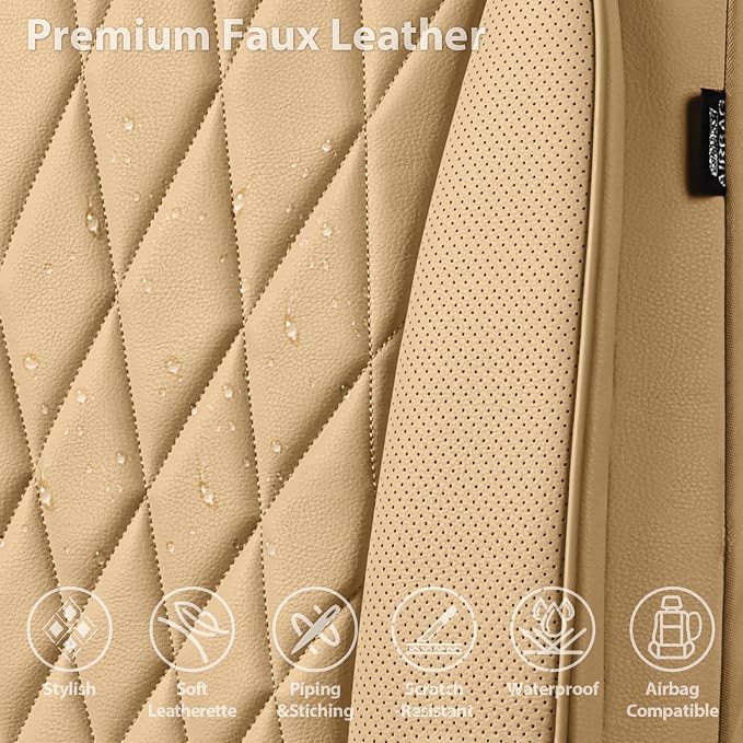 CAR PASS Piping Luxury PU Leather Two Front Car Seat Covers, Waterproof Anti Slip Seat Covers Compatible with Front Seat Armrests,Universal Fit for Suvs,Vans,Trucks,Airbag Compatible(All Beige)
