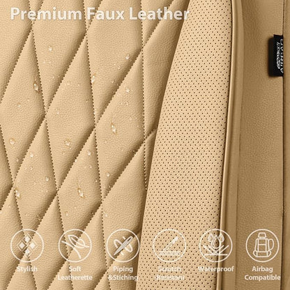 CAR PASS Piping Luxury PU Leather Two Front Car Seat Covers, Waterproof Anti Slip Seat Covers Compatible with Front Seat Armrests,Universal Fit for Suvs,Vans,Trucks,Airbag Compatible(All Beige)