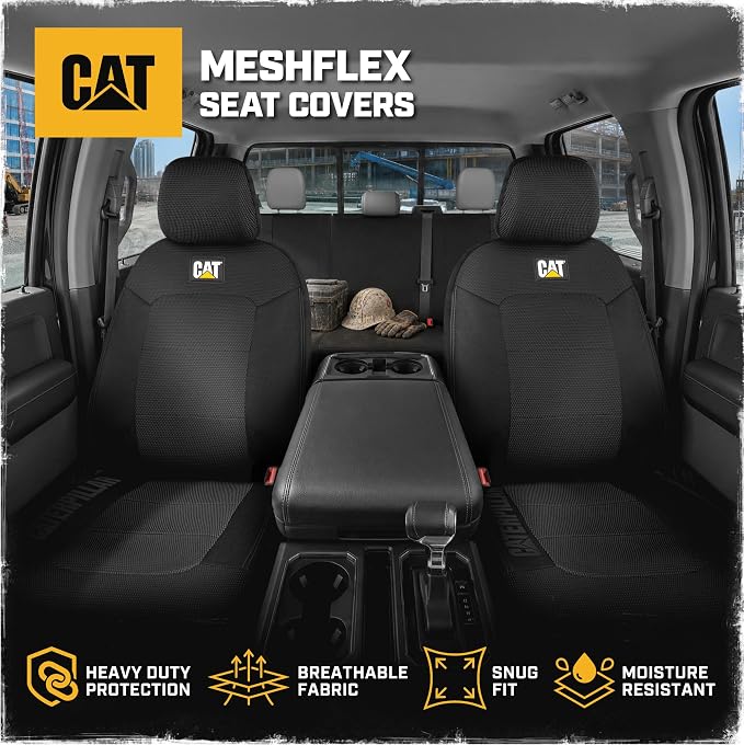 CAT MeshFlex Seat Covers Full Set for Full-Size Pickup Trucks Only - Black | Front Bucket Seat Covers & 60/40 Split Rear Bench Protector – Interior Accessories For F-150, Silverado, Ram, Sierra & Tundra