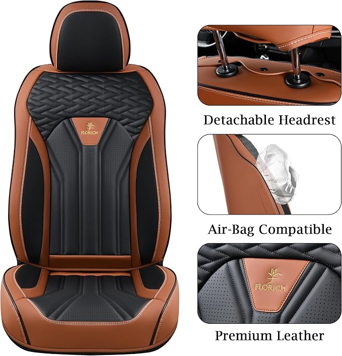 FLORICH Seat Covers for Cars, Waterproof Seat Covers, Leather Car Seat Covers 2 Pack, Universal Seat Cushion Protector for Most Cars Trucks SUV-Brown&Black