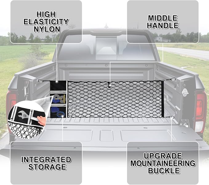 Amiss Truck Bed Cargo Net with Side Organizer, Compatible with Ford F-150 & Lightning 2015-2026, Portable Storage for Pickup Cargo and Heavy Duty Hook, Exterior Accessories for Car SUV Truck