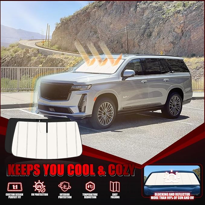 Windshield Sun Shade for Chevy Suburban/Tahoe 2021-2026,GMC Yukon/Yukon XL/Cadillac Escalade/Escalade ESV 2021-2026, Folding Design Blocks Heat & UV Rays Maintain Cool Interior and Save Spac