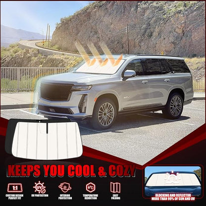 Windshield Sun Shade for Chevy Suburban/Tahoe 2021-2026,GMC Yukon/Yukon XL/Cadillac Escalade/Escalade ESV 2021-2026, Folding Design Blocks Heat & UV Rays Maintain Cool Interior and Save Spac
