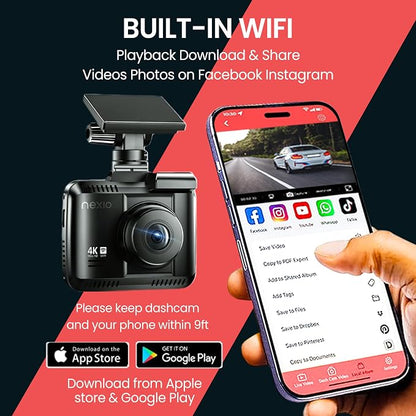 NEXIO N5Pro 4K Dual Dash Cam Front and Rear, WiFi 6 Fast Transfer, Free 64GB Card, GPS, ADAS Safety Alerts, Night Vision, 24H Parking Surveillance, Supercapacitor, App Control, Dash Camera for Cars