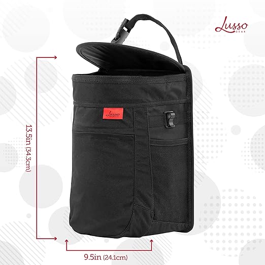 Lusso Gear Spill-Proof Car Trash Can - Leak-Proof Lid & Removable Liner for Car Bin - Travel Organizer with Mesh Pockets - 2.5 Gal, Black w Red Stitching