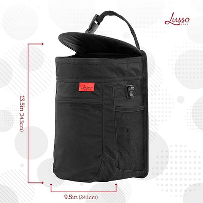 Lusso Gear Spill-Proof Car Trash Can - Leakproof Liner & Flip-Top Lid Auto Trash Can - Hangs in Trucks & SUVs as Trunk Organizer - 2.5-Gal Mesh Pockets for Camper Accessories - 2.5 Gal, Gray, Round