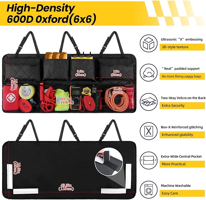 Car Trunk Hanging Organizer 3D Textured (Extra-Long), Cotton-Padded Farewell to Collapse, Reinforced Stitching, Extra-Wide Pocket, Backseat Grocery Storage Bag with 8 Pockets for SUV,Truck,Van