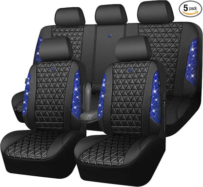 CAR PASS Bling Diamond Black Leather Car Seat Covers Full Set Interior Sets, Waterproof Shining Glitter Sparkly Crystal Universal Armrest Fit Automotive Truck SUV Cute Women Girl, Blue Rhinestone