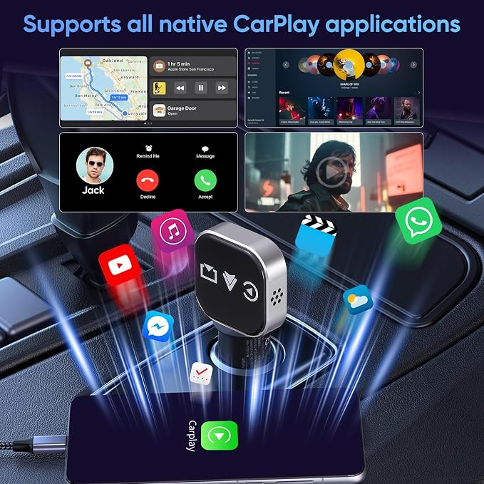 Wireless Car Adapter 3-in-1 Auto Adapter Converts Wired to Wireless with USB a to C Connector Plug and Play for Stable Phone Connection Navigation and Voice Control