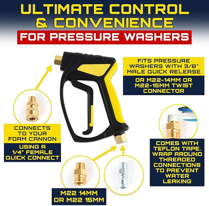 Foam King Short Pressure Washer Gun Handle, Snub Nose Power Washer with Swivel, 3/8" NPT Male & 1/4" Quick Connect, Foam Cannon Attachment for Car Wash, The Snubster for Easy Cleaning