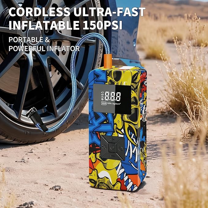 Jump Starter with Air Compressor, 8000A 150PSI Battery Jumper Starter Portable Tire Inflator Pump, 12V Jump Box Car Battery Jump Starter with Smart Jumper Cables, LED Light, LCD Display