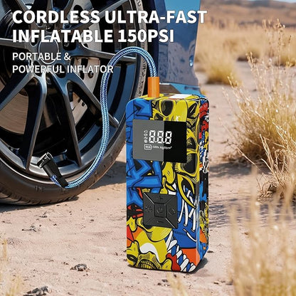 Jump Starter with Air Compressor, 8000A 150PSI Battery Jumper Starter Portable Tire Inflator Pump, 12V Jump Box Car Battery Jump Starter with Smart Jumper Cables, LED Light, LCD Display