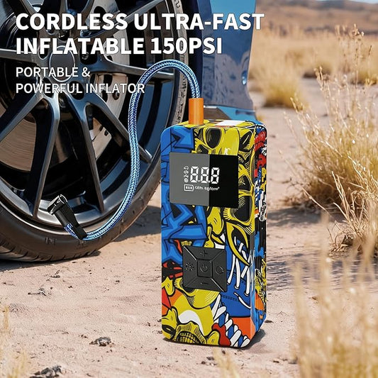 Jump Starter with Air Compressor, 8000A 150PSI Battery Jumper Starter Portable Tire Inflator Pump, 12V Jump Box Car Battery Jump Starter with Smart Jumper Cables, LED Light, LCD Display