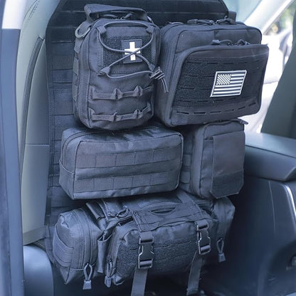 Universal Tactical Car Seat Back Organizer Bag Tactical Molle Vehicle Organizers Panel Vehicle Protector Organizers with 5 Detachable Pouches for Car Truck Ford Jeep (Upgraded C model Black)