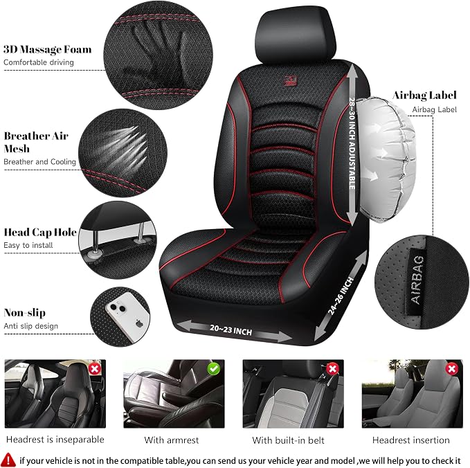 CAR PASS Comfortable 3D Foam Mesh Leather Car Seat Covers Full Sets, Air Cool Mesh Breathable Seat Covers for Car, Universal 5 Seats Fit for SUV Truck Sedan Automotive, Airbag Compatible,Black Red