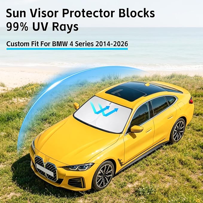 Windshield Sun Shade for BMW 4 Series 2014-2026 Sunshade 300T Windshield Cover Shield Protector Blocks UV Rays Custom Fit 4 Series Front Window Shade Windshield Accessories Keep Cool Foldable