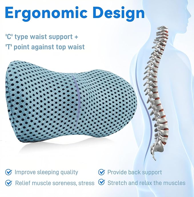 Lumbar Support Pillow, Memory Foam Lumbar Pillow for Office Chair and Car Seat, Back Pillow for Lower Back Pain Relief, Back Support Pillow for Sitting, Driving, Traveling (Blue)