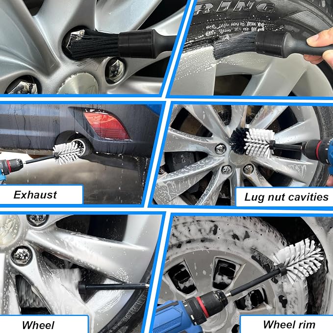 Wheel Brush Kit, Soft Drill Wheel Cleaner Brush, No Scratches Highly Dense Car Cleaning Brush Set for Wheels, Rims, Engines, Exhaust(White/Black,2Pcs)