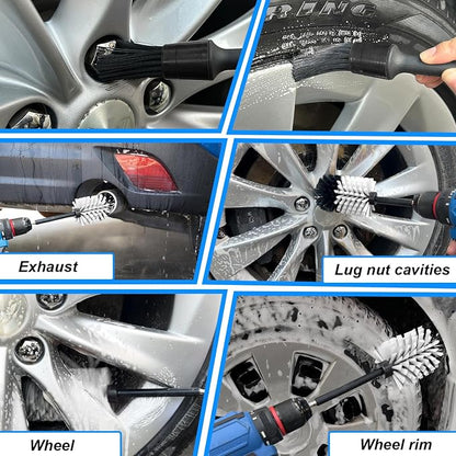 Wheel Brush Kit, Soft Drill Wheel Cleaner Brush, No Scratches Highly Dense Car Cleaning Brush Set for Wheels, Rims, Engines, Exhaust(White/Black,2Pcs)