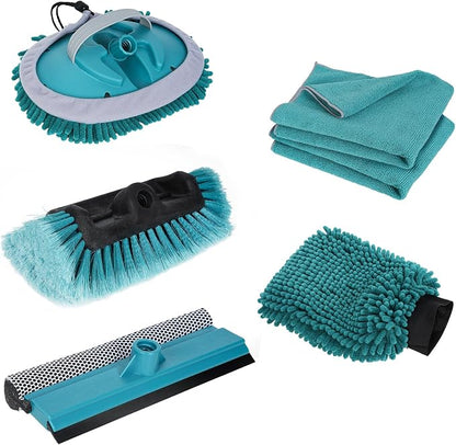 TelesPro Car Wash Brush with 3 Replaceable Brush Heads - Soft Car Brush, Chenille Car Wipe, Window Squeegee, Chenille Glove & 2 Microfiber Towel - Extension Pole Not Included.