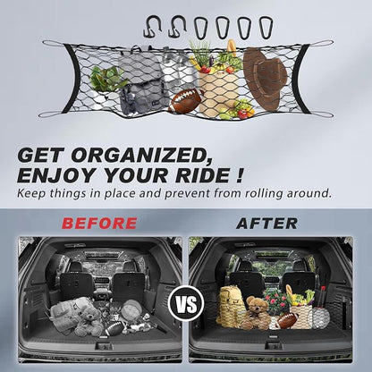 Karltys Envelope Style Cargo Net for 2018-2024 2025 2026 Chevy Traverse Accessories, Elastic Rear Trunk Mesh Cargo Net for Traverse Heavy Duty Nylon Mesh Storage Netting with Metal Hooks