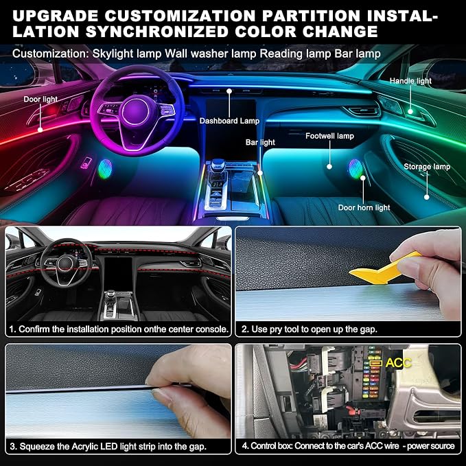 Dreamcolor Acrylic Interior Car LED Strip Light with Wireless APP, RGB 14 in 1 with 175 inches 593 Neon Car Ambient Lighting Kits, Dual Zone Music Sync LEDs Fiber Optic Strip Neon Lights for Car
