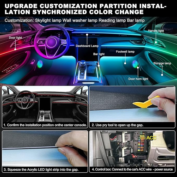 Dreamcolor Acrylic Interior Car LED Strip Light with Wireless APP, Dual Zone RGB 10 in 1 with 175 inches 593 Neon Car Ambient Lighting Kits, Music Sync LEDs Fiber Optic Strip Neon Lights for Car