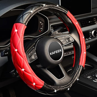 KAFEEK Diamond Soft Leather Steering Wheel Cover with Bling Bling Crystal Rhinestones, Universal 15 inch, Black Red