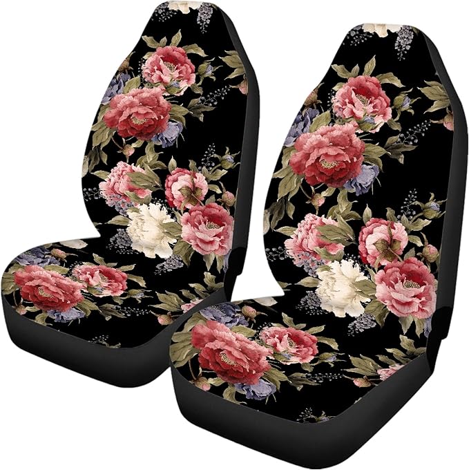 Dark Vintage Floral Print Car Seat Covers Full Set,Watercolor Flower Pattern with Peonies Vehicle Front Rear Bench Cushion Protectors Auto Interior Accessories Universal Fit for Trucks Sedans