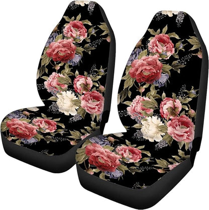 Dark Vintage Floral Print Car Seat Covers Full Set,Watercolor Flower Pattern with Peonies Vehicle Front Rear Bench Cushion Protectors Auto Interior Accessories Universal Fit for Trucks Sedans