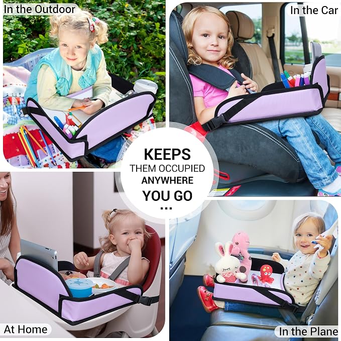 COOLBEBE Kids Travel Tray for Car Seats, Toddler Lap Desk with Dry Erase Surface, Portable Activity Table for Road Trips, Snack & Play Tray (Purple)