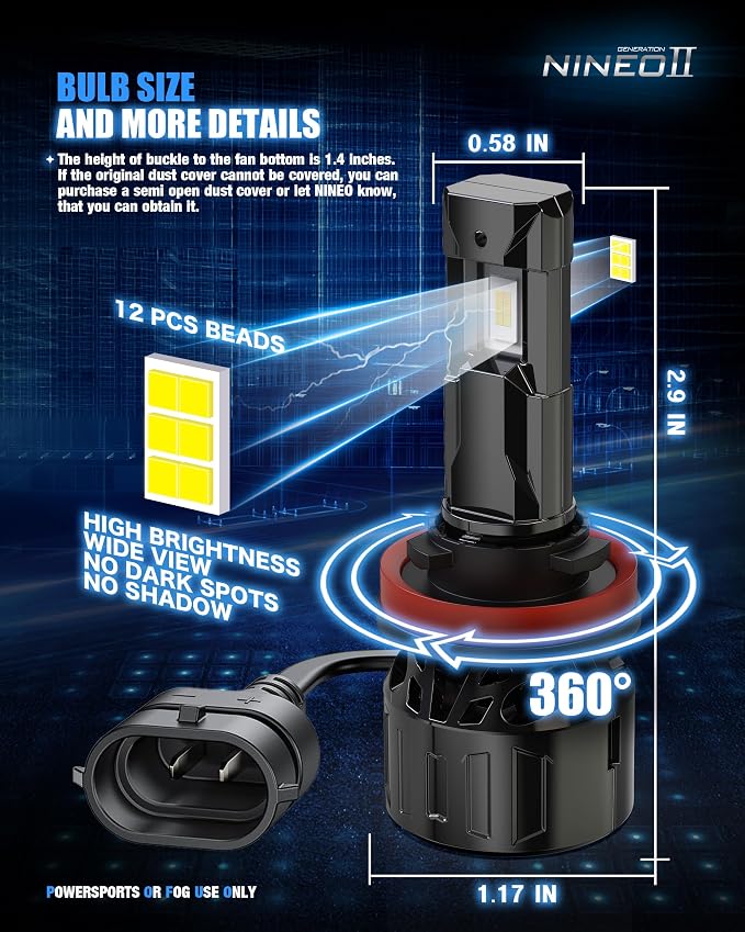 NINEO H11 Bulbs, H8/H9/H11 Fog Lights, [2025 Upgrade] 600% Brighter 6500K White, Fan-Cooled, No Flicker, Plug & Play, Driving or Fog Light, 2 Pack