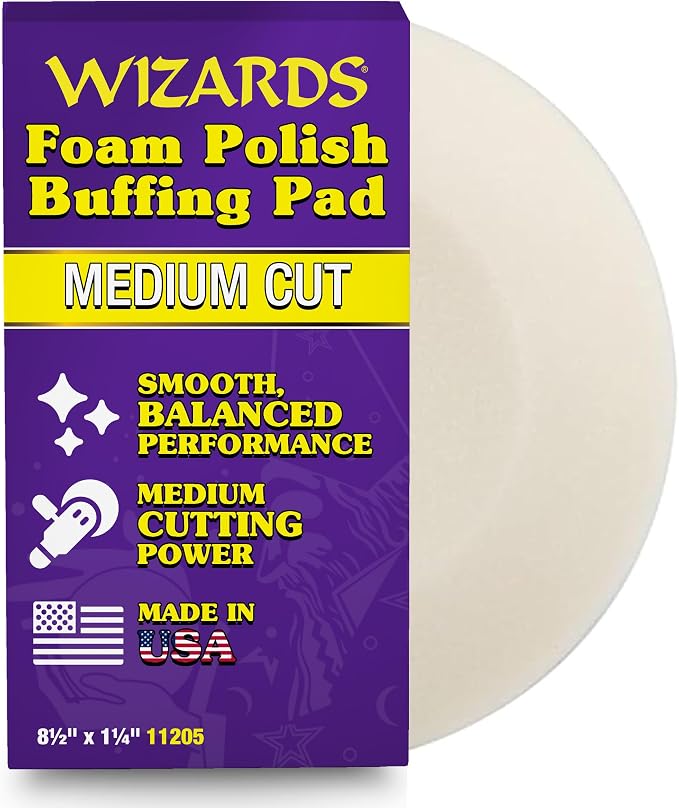 Wizards Foam Polish Buffing Pad - Velcro Backed, Medium Cutting Foam Pad for Car Detailing - ‎No Splatter High Density Foam for Auto Detailing Supplies - 8½" x 1¼"